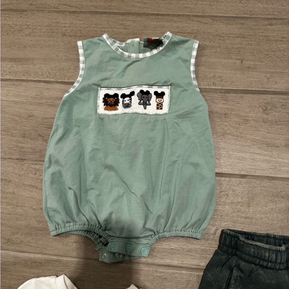 Disney Mickey animal safari baby boy bubble green gingham EUC 9M